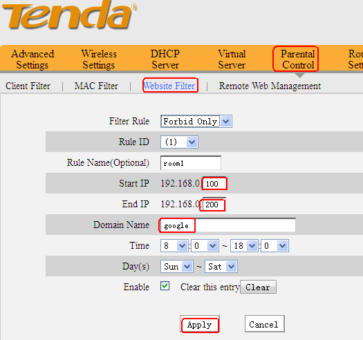 说明: http://www.tendacn.com/UserFiles/WordToHtml/Function configurations/W3000R-How to limit the computer in the LAN to access some websites through URL filter .files/image004.png